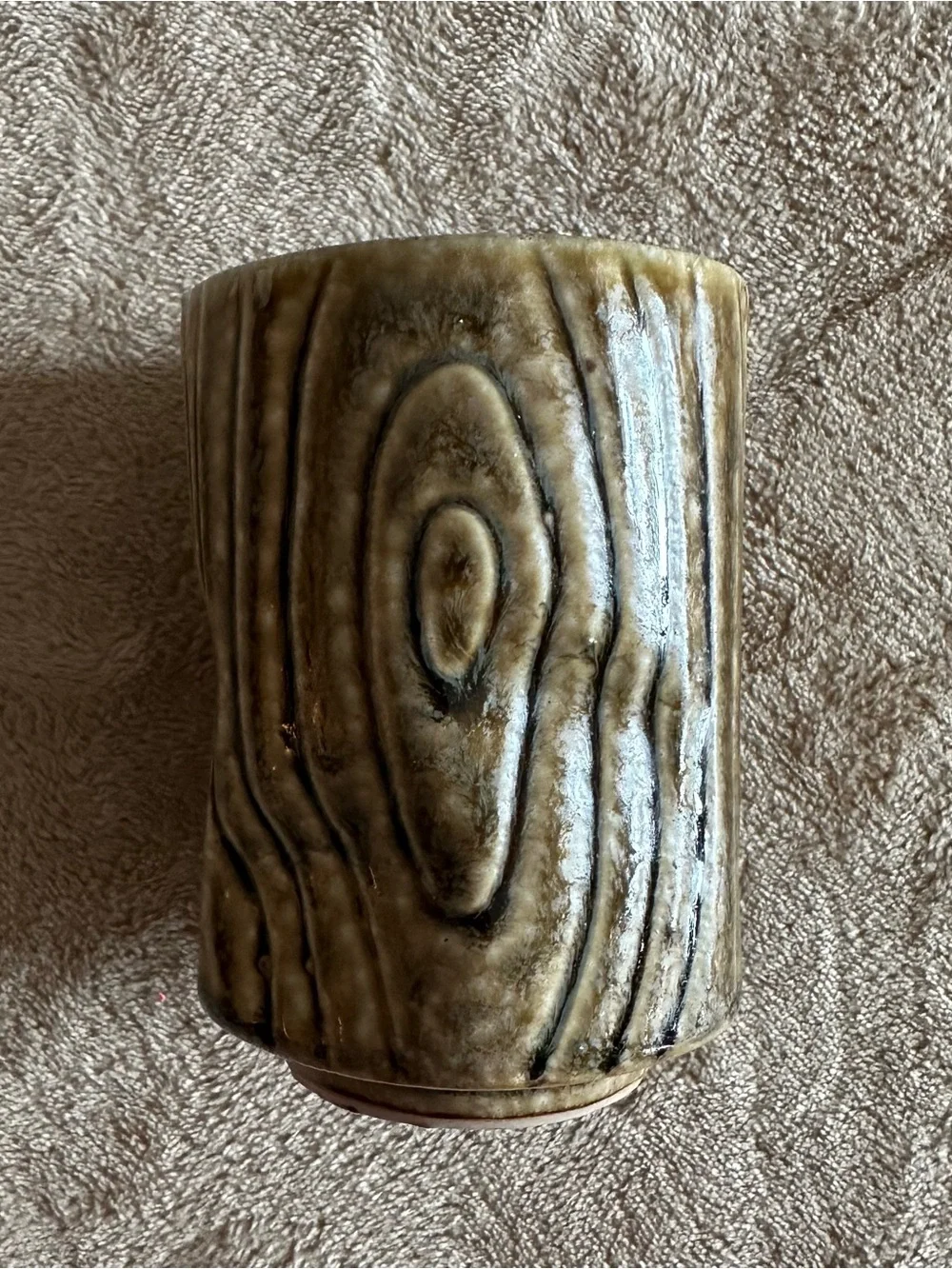 Studio Pottery Ceramic Cup Wood Grain Brown Green Glaze Cabin Mountains